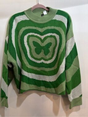 H&M Green Butterfly Heart Crewneck Sweater